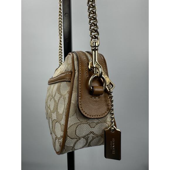 Coach Signature Canvas Camera Bag Crossbody Chain Strap Tan Leather - Picture 3 of 10